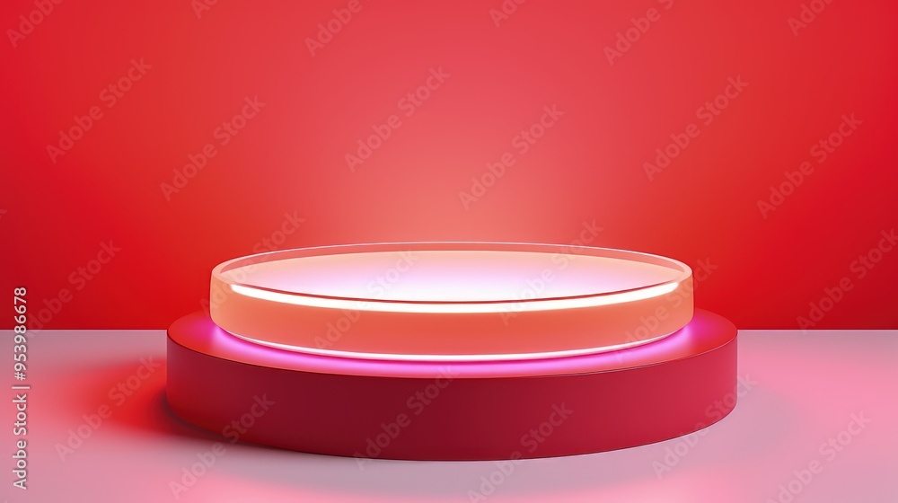 Poster a minimalist display platform with a glowing red backdrop, designed for showcasing products or prese
