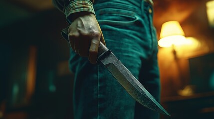 Close-Up of a Person Holding a Knife in a Dimly Lit Room, Evoking Themes of Suspense, Danger, or Crime in a Cinematic Setting
