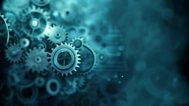 Abstract close-up of gears and cogs in a teal blue color. Symbol of mechanical engineering, technology, and industrial innovation.