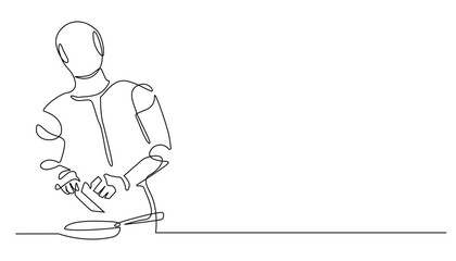 continuous line of cooking robot.one line drawing of robot doing human activities.cooking in the kitchen.single line vector illustration.isolated white background