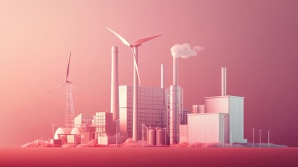 Obraz premium Futuristic industrial landscape with wind turbines and buildings in a vibrant pink tone, symbolizing renewable energy and modern technology.