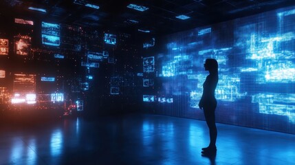 Silhouette of a person in a dark room surrounded by futuristic digital technology screens glowing in blue and red light.