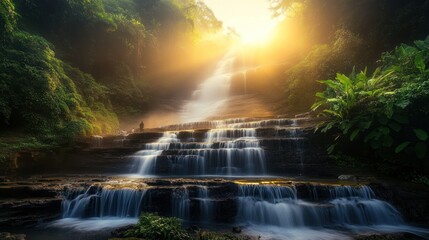 Tropical forest with a beautiful morning light shining on a waterfall , tropical, forest, morning, sunlight, waterfall, nature