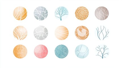 Set of abstract watercolor circles with textured patterns in pastel colors, perfect for design elements.