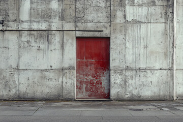 striking red door stands against a weathered concrete wall in an urban setting creating a...