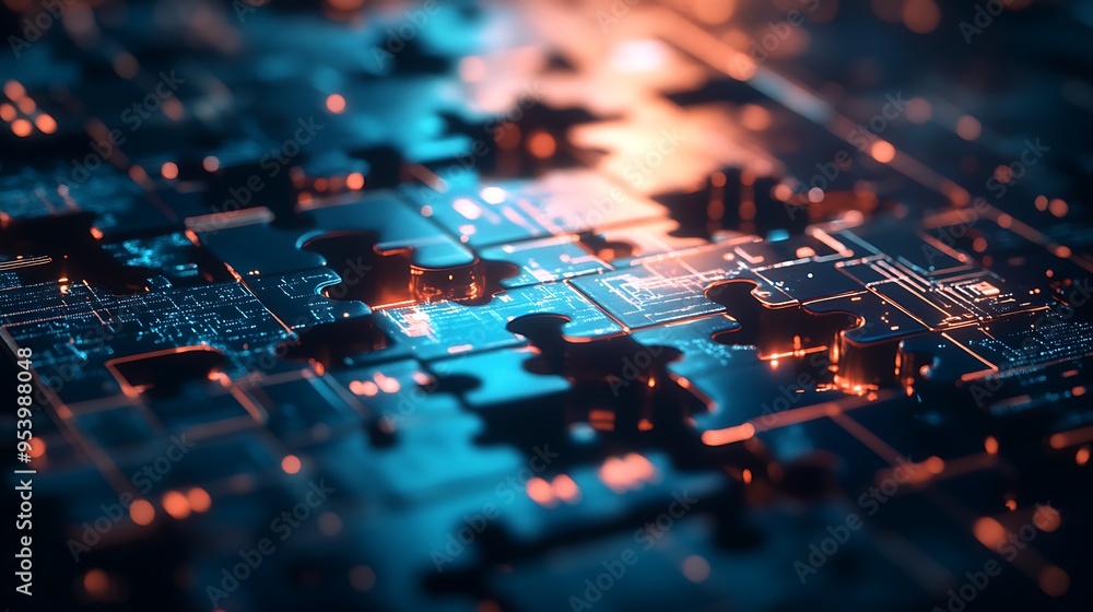 Poster abstract jigsaw puzzle pieces with circuitry design and glowing lights
