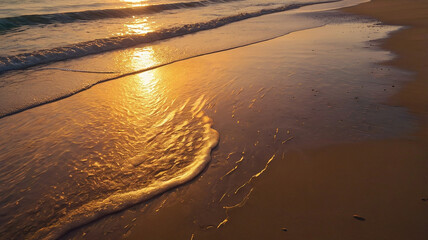 The beautifull scene of an image of sunset at beach reflective sand and golden light of sun reflacting on the sea water.