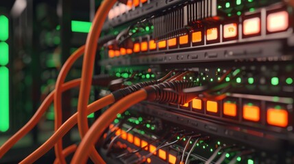 Naklejka premium Server Racks with Orange Cables and Green Lights