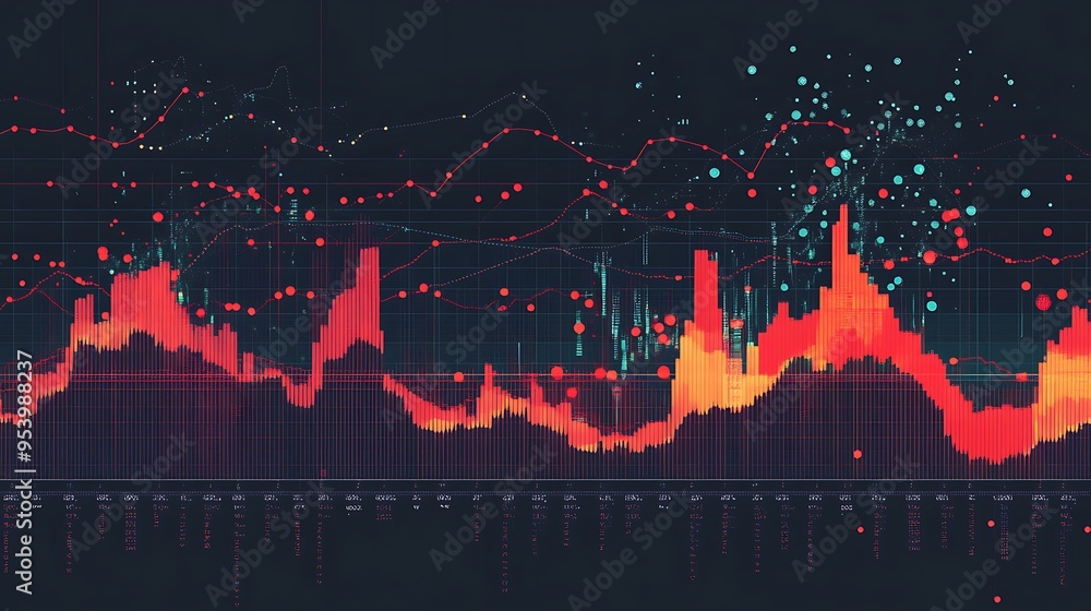 Poster abstract financial data visualization with red and orange lines and dots