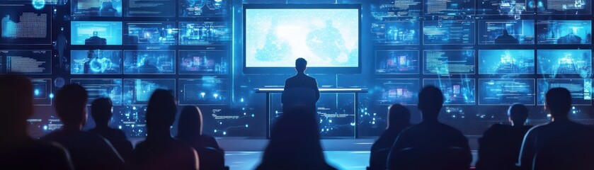 Fototapeta premium Silhouettes of people watching a presentation in a futuristic control room filled with large screens displaying data and images.
