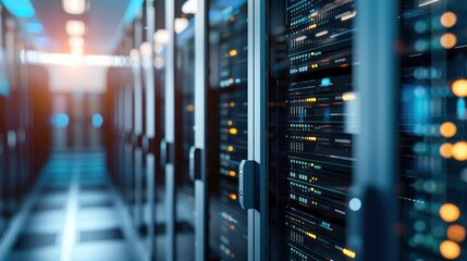 Server Room with Rows of Network Servers