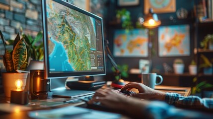 Travel planner organizing a trip using a computer.