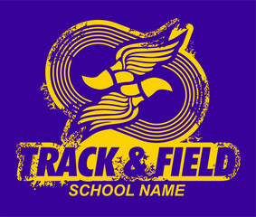 distressed track and field team design with winged foot for school, college or league sports