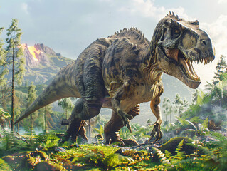 
A dramatic scene featuring an Allosaurus in a prehistoric landscape, with its powerful jaws open and sharp claws extended. The background should depict a rugged, ancient terrain with ferns and volcan