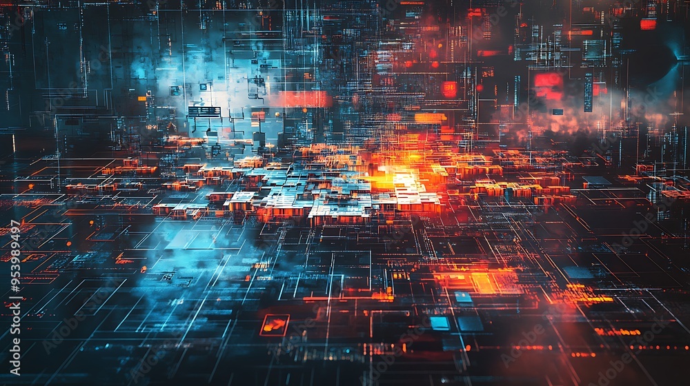 Poster abstract digital cityscape with glowing lines and grids