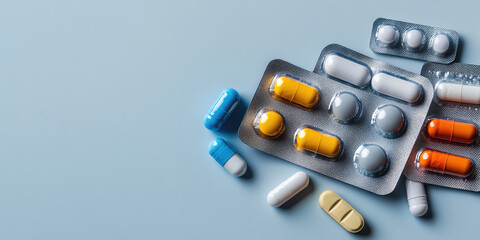 Various colored medicine pills and capsules in blister packs, vitamins and pills in plastic package on a simple background