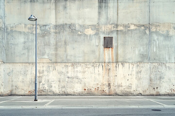 A minimalist urban scene with a single streetlamp next to a weathered concrete wall and an empty road
