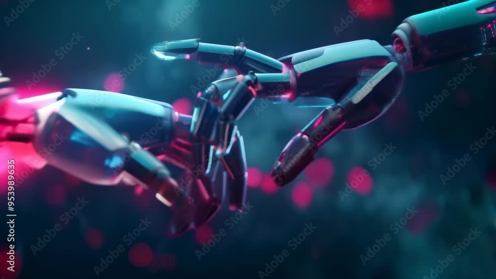 Poster Two robotic hands touching in a gesture of connection in a dark environment. Symbolizing AI and the future of human-robot interaction.