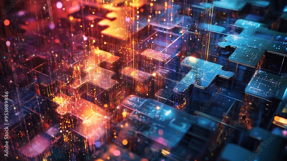 Poster abstract 3d puzzle with glowing lights and lines