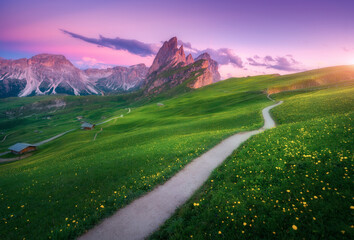 Seceda mountain at beautiful sunset in summer in Dolomites, Italy. Colorful landscape with mountain...