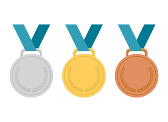 Three medal with gold medal and silver, bronze medal and blue ribbon. vector illustration