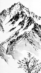 Black and White Ink Wash Painting of Mountain Landscape