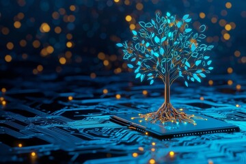 Digital tree growing from a microchip, symbolizing the fusion of technology and nature. Ideal for concepts of sustainability, innovation, and green technology.