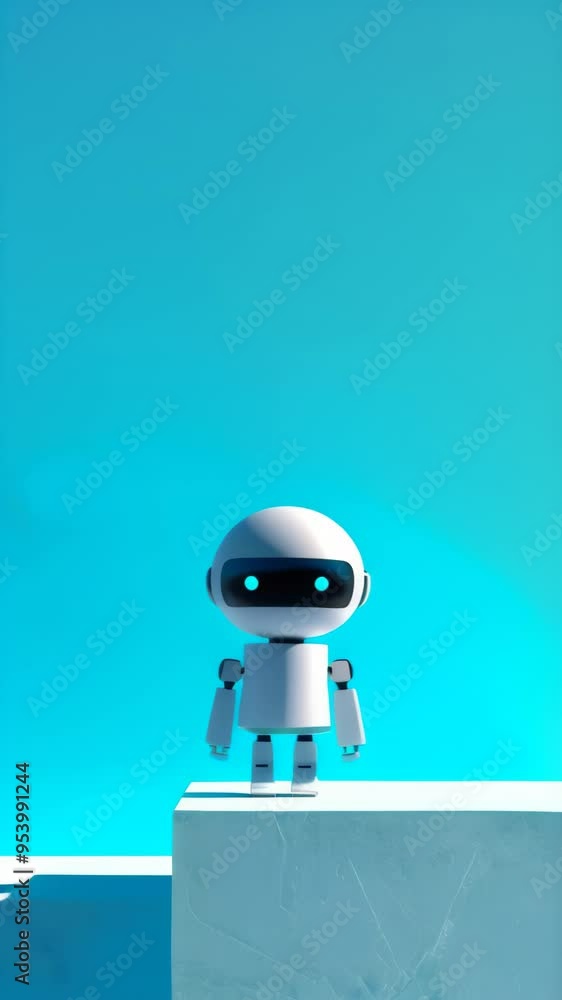 Poster minimalistic robot on a ledge against a bright blue sky. futuristic concept with clean design and ar