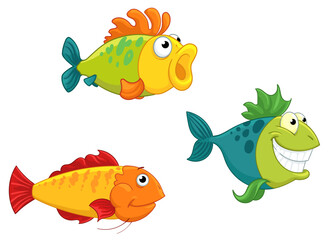 Three cartoon fish. Colorful fish isolated on white background. Vector illustration.