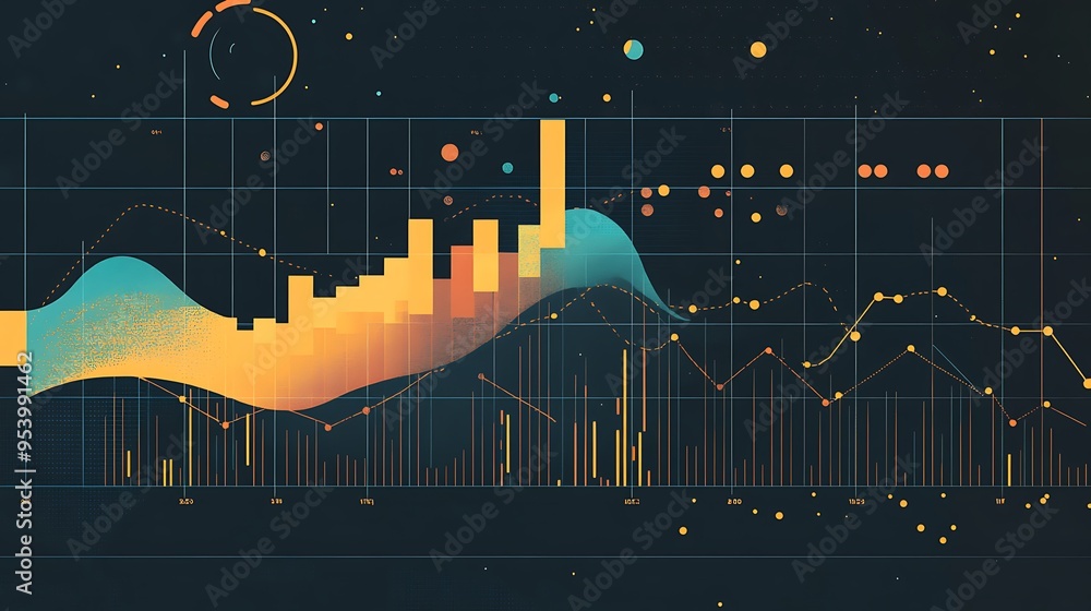 Aufkleber abstract data visualization with lines, bars, and circles on a dark background