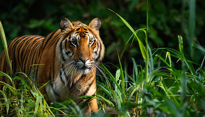 Tiger Stalking Through Jungle Foliage