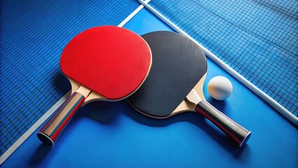 Two table tennis paddles resting on a blue surface.