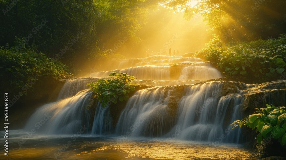 Wall mural tropical forest with a beautiful morning light shining on a waterfall , tropical, forest, morning, s