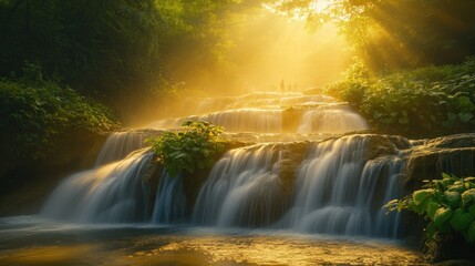 Obraz premium Tropical forest with a beautiful morning light shining on a waterfall , tropical, forest, morning, sunlight, waterfall, nature