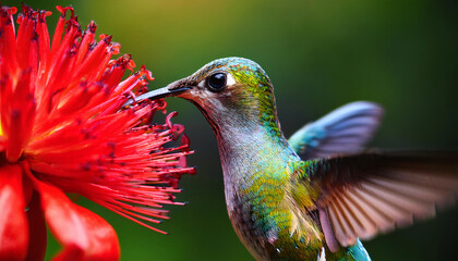 Hummingbird Feeding on Red Flower