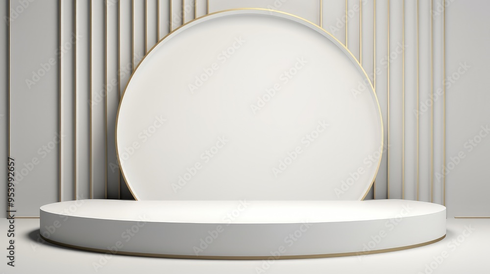 Poster a minimalist stage design featuring a circular backdrop and a rounded platform, ideal for presentati