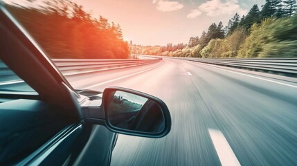 Obraz premium The perspective from a car driving on a highway captures the sense of motion and journey of the highway atmosphere