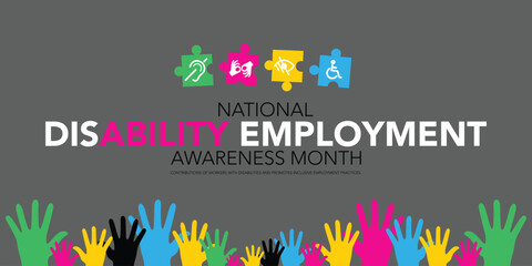 National Disability Employment Awareness Month design. It has several type of disability in arranged in tiled. Vector illustration
