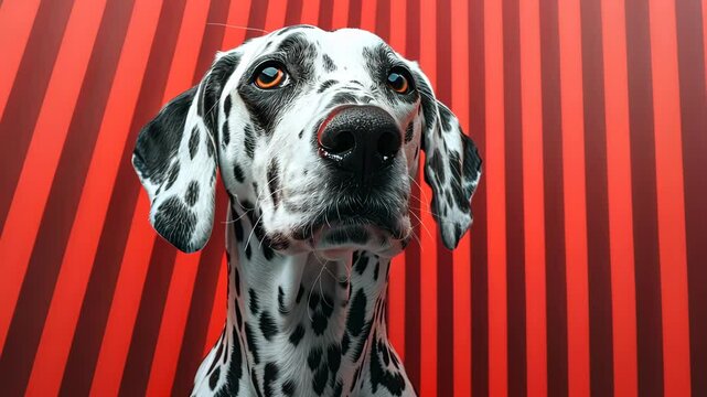 Dalmatian dog against red striped background, close-up. Animal portrait and color contrast concept