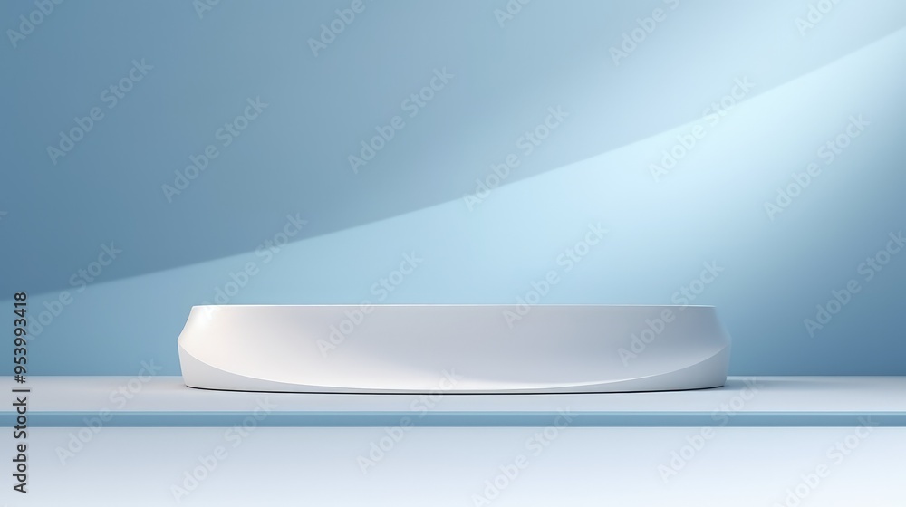 Poster a minimalist display platform with smooth curves against a soft blue background, ideal for showcasin