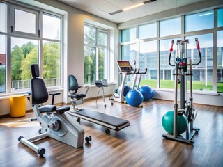 Fototapeta premium A stationary exercise bicycle stands in a modern rehabilitation center, surrounded by medical equipment and windows,