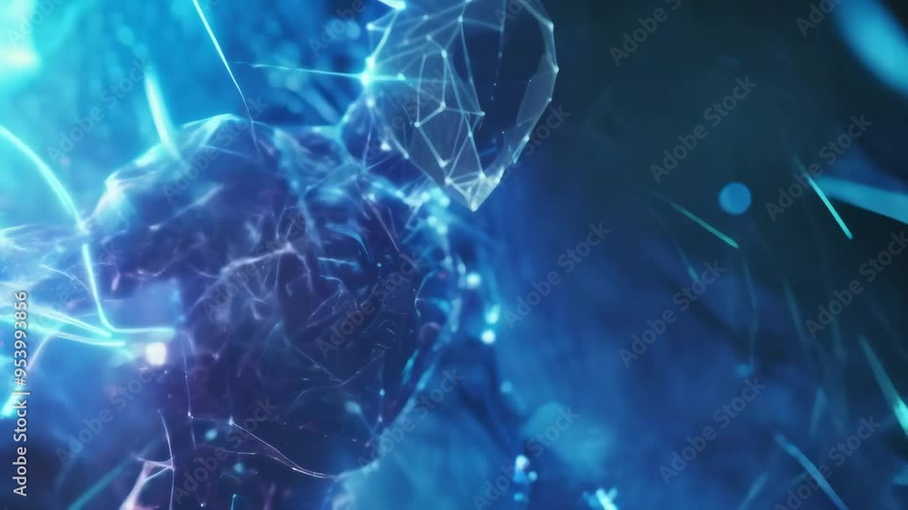 Poster abstract digital figure made of network connections and particles in a blue, glowing environment. fu