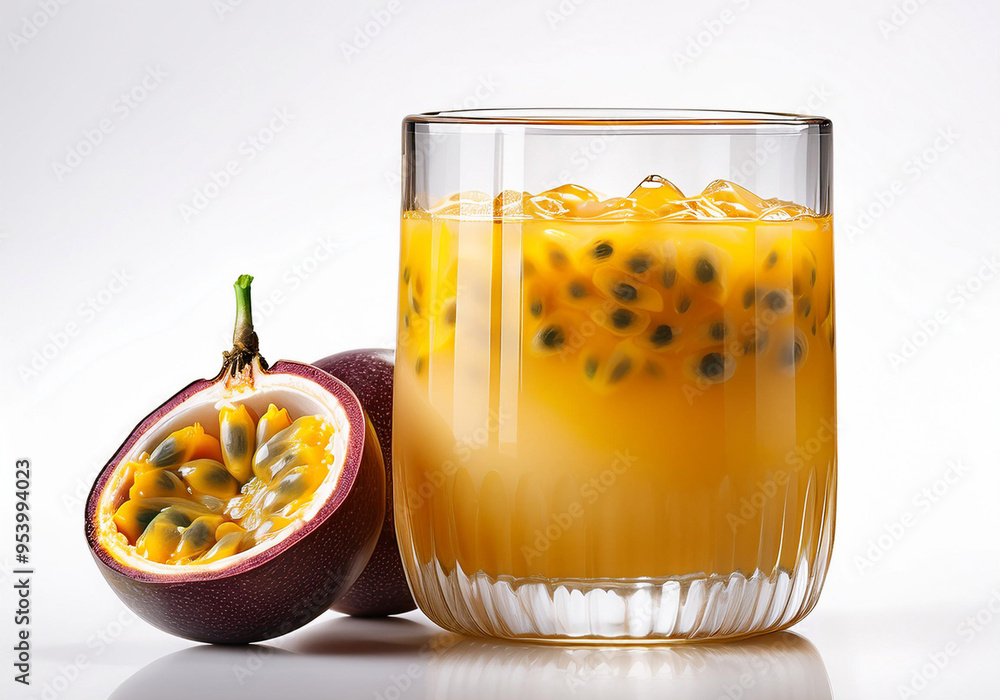 Wall mural fresh passion fruits juice in glass with fresh passion fruits isolated on white background. passion 