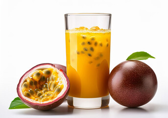 Fototapeta premium Fresh passion fruits juice in glass with fresh Passion Fruits isolated on white background. passion fruits cocktail 