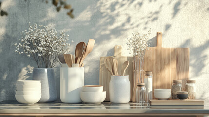 A kitchen counter with a variety of bowls, spoons, and vases