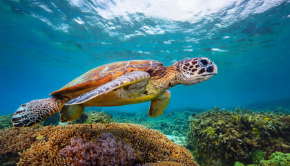 Obraz premium Sea Turtle Swimming Over Coral Reef