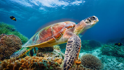 Fototapeta premium Sea Turtle Swimming Over Coral Reef