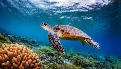 Naklejka premium Sea Turtle Swimming Over Coral Reef