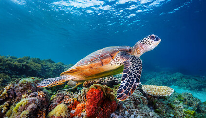Obraz premium Sea Turtle Swimming Over Coral Reef