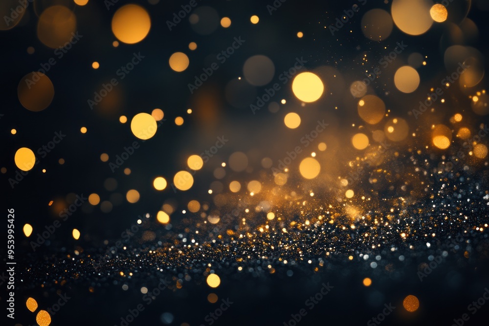 Poster a dark background with golden glitter and bokeh lights, creating an enchanting atmosphere